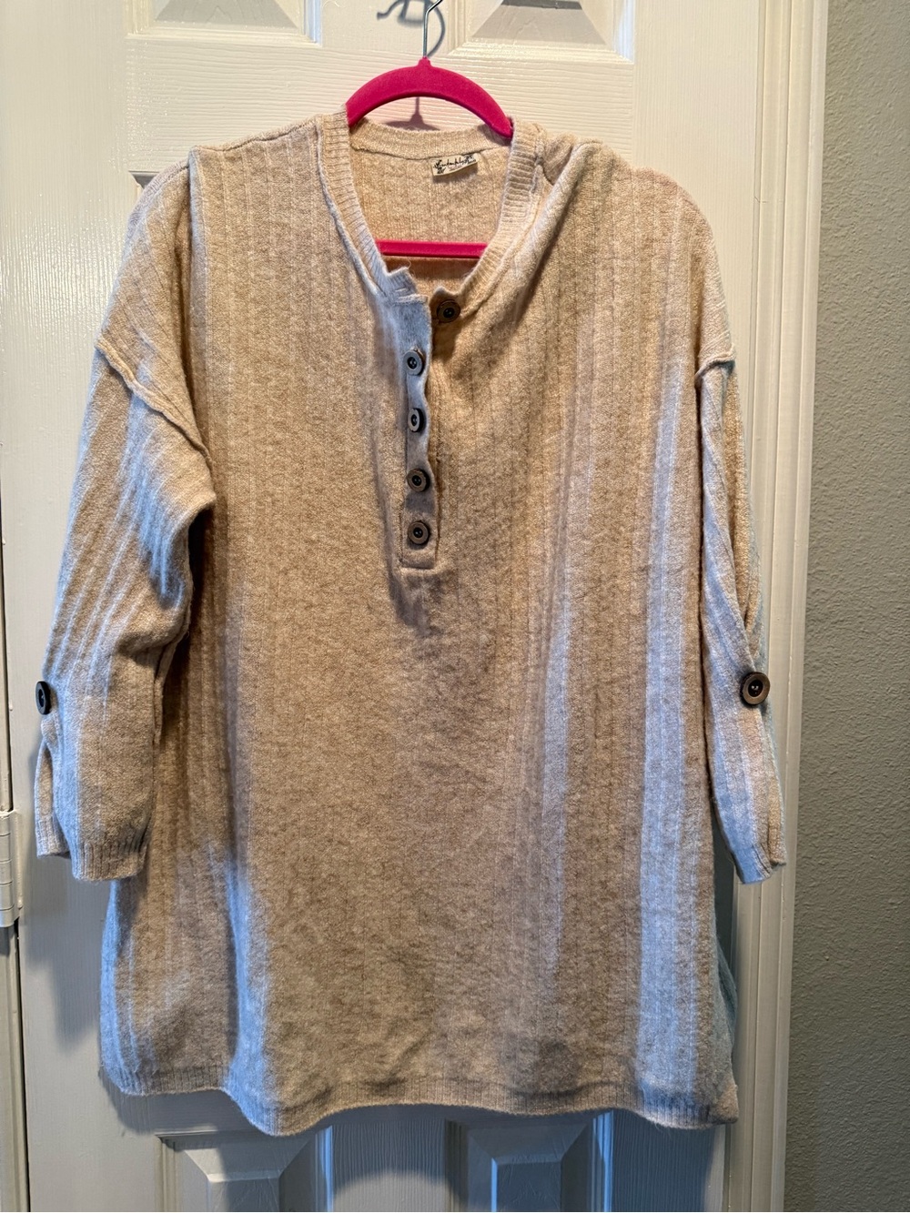 Beige Ribbed Knit Henley Tunic Sweater Roll Tab Sleeves
